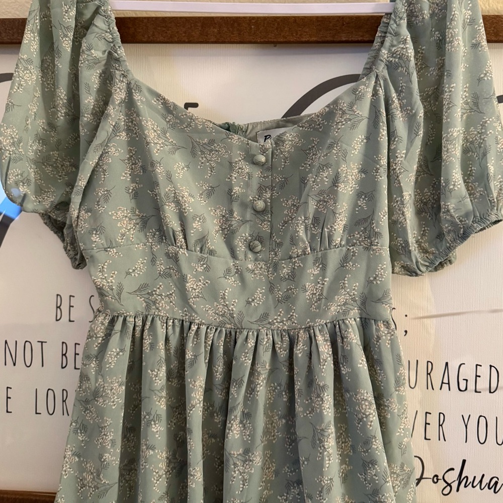 Pink & Flare Sage Green Floral Puff Sleeve Babydoll Midi Dress Cottagecore M - Picture 3 of 6